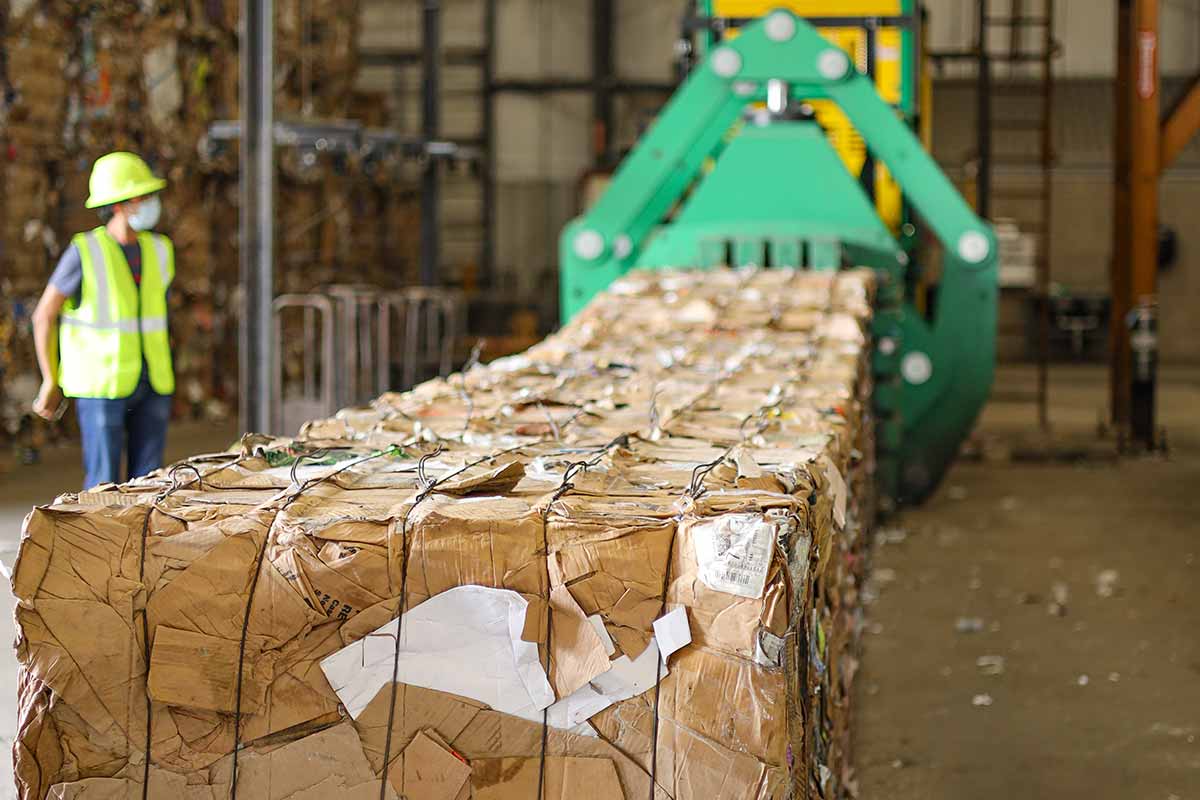 Cardboard bundle inside materials recovery facility at TDS Creedmoor facility