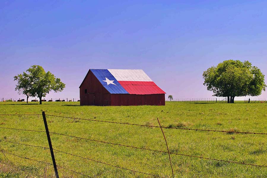 Ren barn with Texas flag painted on roof in a green field